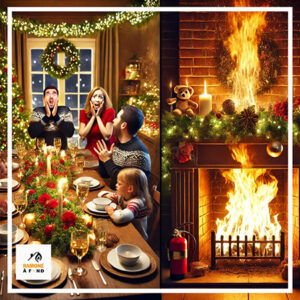 Illustration du danger d’un incendie de cheminée pendant les fêtes de Noël. L’image met en avant l’importance de la vigilance en montrant une famille attablée, surprise par un feu incontrôlé dans la cheminée décorée.