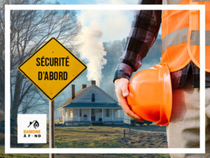 Signalisation de sécurité et équipement de protection indiquant l'importance de la prévention des risques dans le domaine du ramonage.