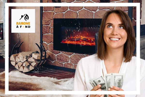 Une femme souriante tenant des billets de banque devant une cheminée rénovée, illustrant les économies réalisées grâce à une installation plus performante.